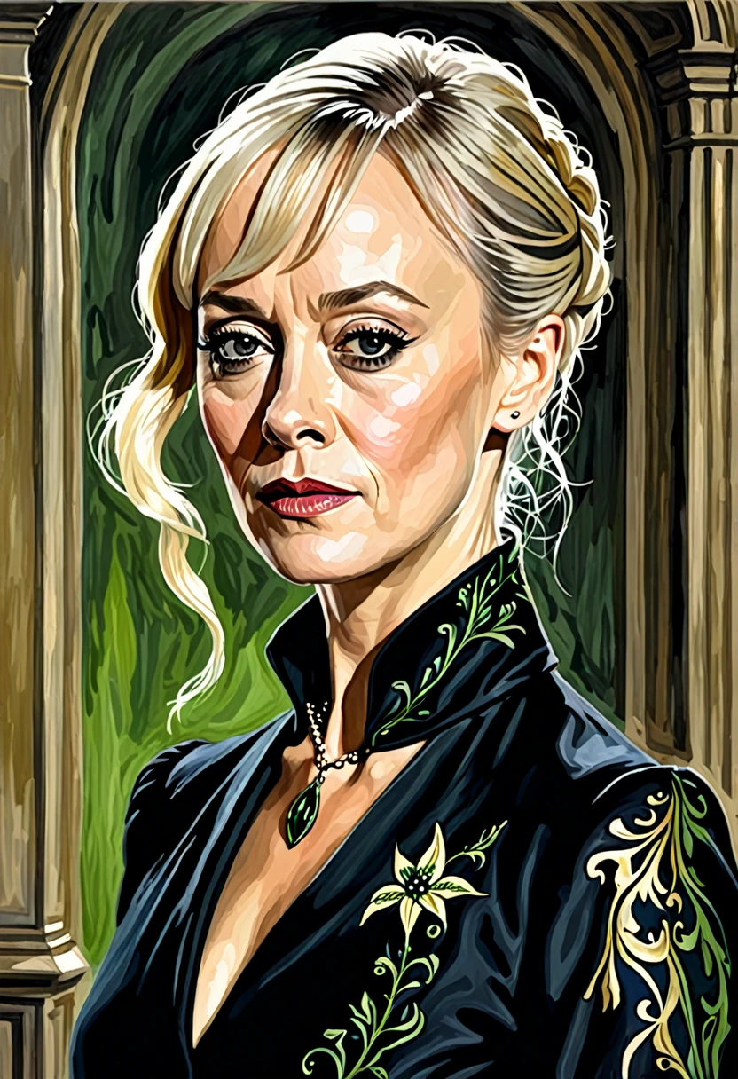 Draw me a helen mccrory narcissa malfoy deathly hallowes version in a painting 