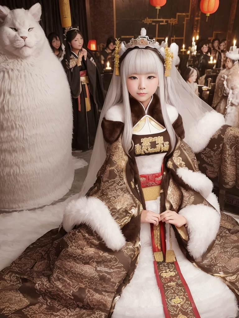 fluffyの毛皮。fluffy。(((Queen of ancient China)))(((Pair of women、ice hotel、Dark Room)))。Wedding dressを着た女性たちの写真。Wedding dress、Brown fur cape。Fisheye Lenultiple women。