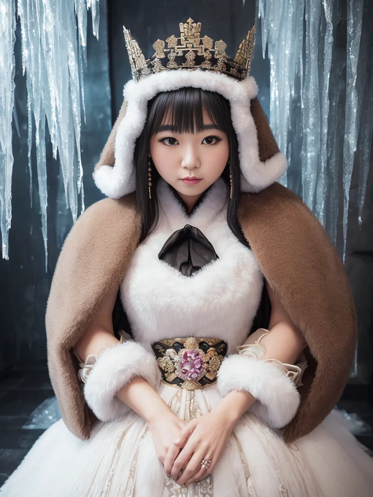 fluffyの毛皮。fluffy。(((Queen of ancient China)))(((Pair of women、ice hotel、Dark Room)))。Wedding dressを着た女性たちの写真。Wedding dress、Brown fur cape。Fisheye Lenultiple women。