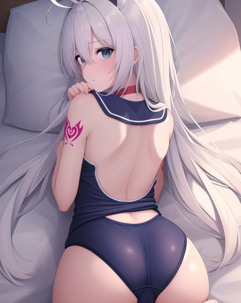 1girl,solo,blue eyes,white hair,hair between eyes, very long hair,Ahoge, collarbone,Wearing a school swimsuit,show one's back, Naughty tattoo on the back, Wearing a dog collar , panties , childhood 