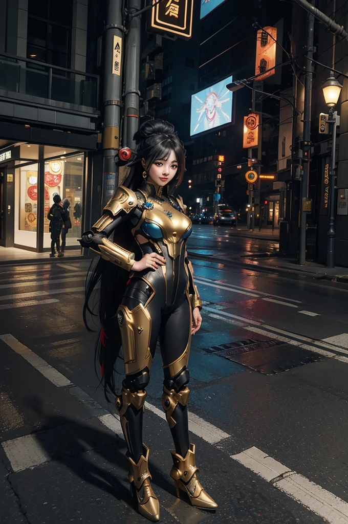 Mecha combined with flesh sexy Asian woman, cyberpunk, full body, standing in town, hairstyle long hair, smile, cute face, intricate artwork masterpiece,
golden ratio, trending on cgsociety, intricate, epic, trending on artstation, 
unreal engine, 8k, hdr