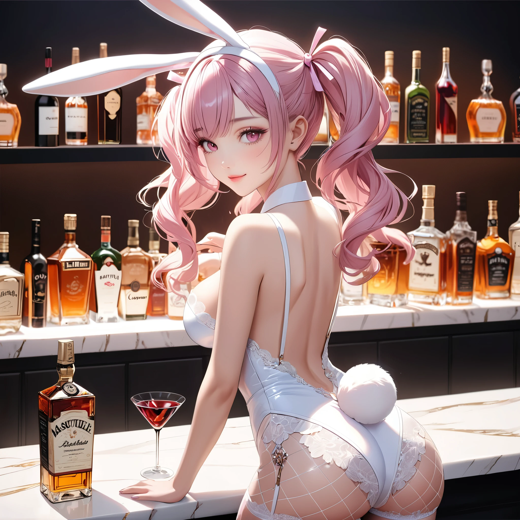 (8K, masutepiece, Best Quality, Official art, Breathtaking beauty and aesthetics, A highly Beautiful detailed, beautiful lighting, The best masterpiece in history that exceeds limits:1.2), (1 Girl, 独奏), (), (Beautiful detailed face), (shiny white skin), (Beautiful big bust, cleavage:1.3), (thighs, zettai_ryouiki, thigh_gap, black fishnet pantyhose, garter straps, garter stockings:1.2), (Beautiful detailed pastel pink twin tails hair, bangs:1.3), (beautiful detailed drooping pink eyes:1.5), (Beautiful detailed cute pastel pink playboy bunny costume, See-through intricate lace, pink bow ribbon, rabbit ears, cute rabbit tail:1.3), (happy smile:1.2), (Attractive, sensational, Look at the camera, cute pose, looking back), breathtaking scenery, (ultra detailed realistic beautiful white bar counter, Liquor, Cocktail glass, wine:1.2),