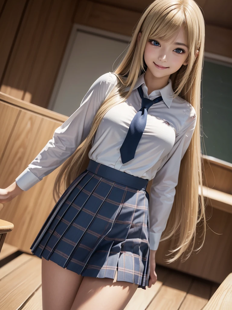 8K, Highest quality, The real picture, Intricate details, Very detailed, Ultra-high resolution, Depth Field,(Realistic,Realistic:1.2),Tabletop , ((Full Body Shot)) , ((Long, slender legs)), 1 girl, eye_Chan, Very beautiful 17 year old girl, innocent big eyes,、Beautiful breasts:1.5、非常に詳細なeye:1.2)、(Beautiful breasts:1.1)、((Blonde))、(Long Bob Hair), Asymmetrical bangs, Perfect Skin, Fair skin, Small breasts, Tight waist, alone, Staring at the audience, (smile)、((School_uniform), (White shirt、Wear a tie), (Blue checkered pleated micro mini skirt), ((Fold your arms in front of your chest and act arrogantly)), ((楽しそうなsmile)), ((Perfect hand shape))