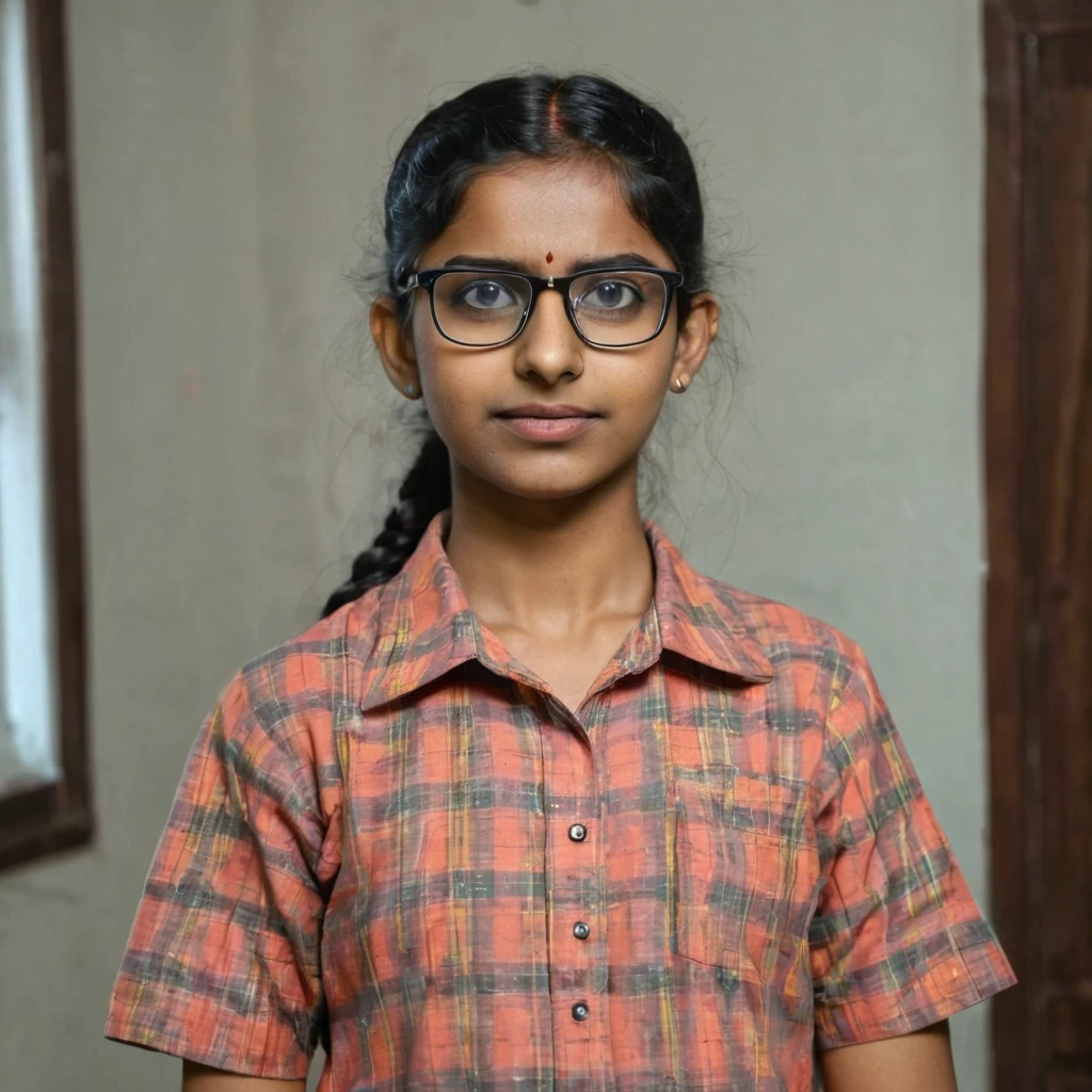 Braided hair Indian glasses nerd girl standing in house 