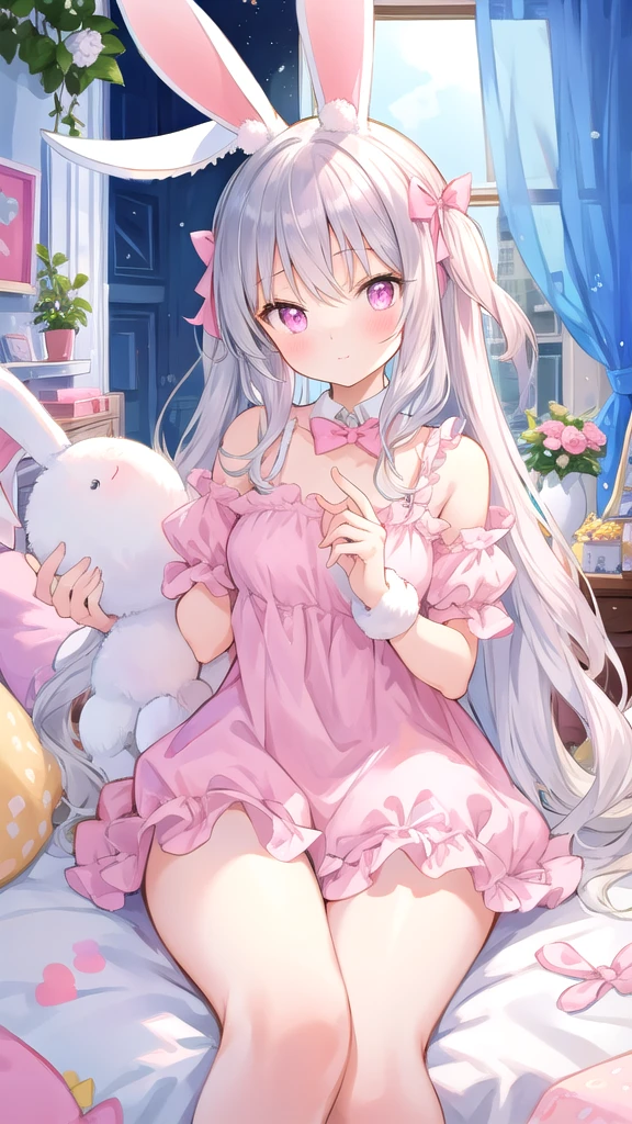 beautiful illustration, best quality, cute girl, bedroom, pastel color, fluffy bunny ears, , silver long hair, rabbit stuffed toy, bright lighting, light pink eyes