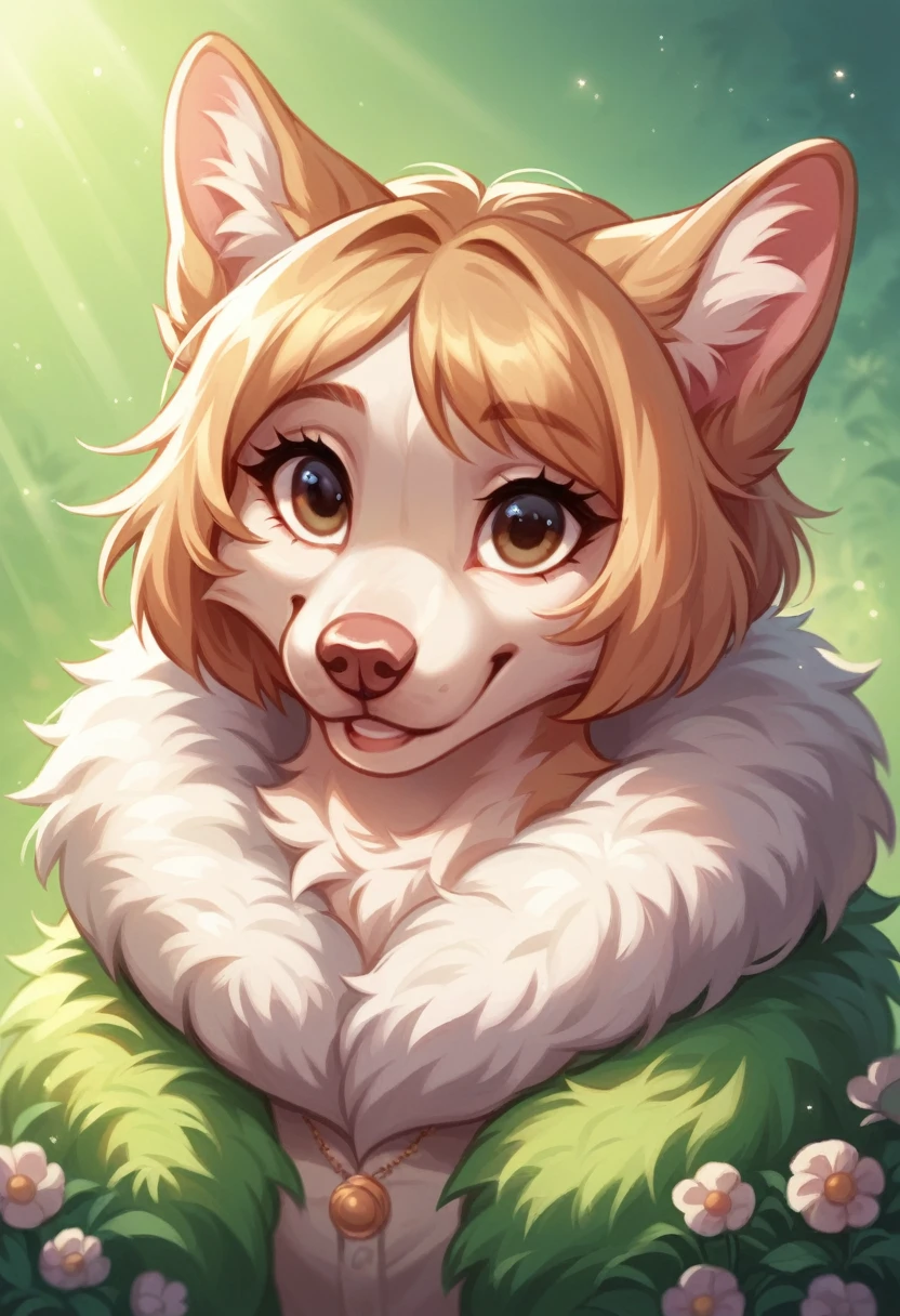 girl with fluffy fur,fluffy dog ears,fluffy dog tail,charming facial expression,beautiful detailed eyes,Long eyelashes,pale pink lips,fashionable outfit,cute dog nose, belonging to a human girl,fur coat,Fuzzy texture,daylight,bright colors,playful mood,PORTRAIT STYLE,soft and warm tones,A high resolution,ultra detailed,happy and cheerful atmosphere,sunny day in a blooming garden with green grass and blooming flowers,friendly communication of a fluffy girl and a small dog,a light breeze ruffles the girl&#39;s hair and fur,smiling face with a sweet and innocent expression,joyful and bright environment,clear blue sky with fluffy clouds,perfect scene of happiness and friendship,fabulous and whimsical atmosphere,bright and colorful environment,beautiful and living nature theme,positive and friendly atmosphere,fluffy girl immersed in the beauty of nature,Sun-drenched garden, butterflies and birds fly around.