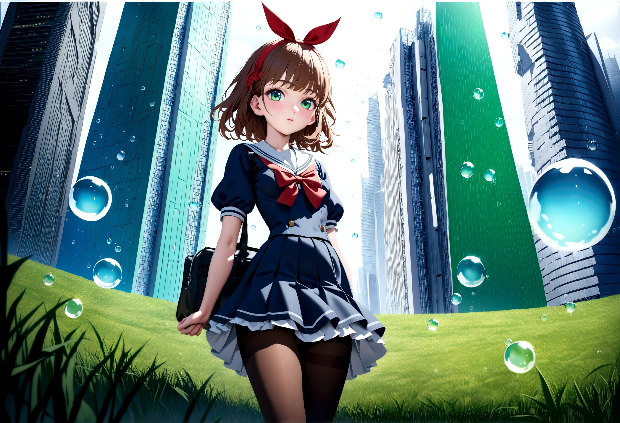 (best quality,4k,highres),ultra-detailed,realistic,portraits, Japaneese school girl, green eyes, long brown hair,anime style,futuristic, Frutiger Aero aesthetic, eco- modernism, bokeh, ribbon headband,small breast,futuristic sailor lolita dress,puffy sleeves,white and blue,colorful lighting, red ribbon, navy blue pantyhose, school shoes, school bag, school crest, floating bubbles, standing in a green field with futuristic skyscrapers in the background, tertiary colors, highly detailed, 4K.