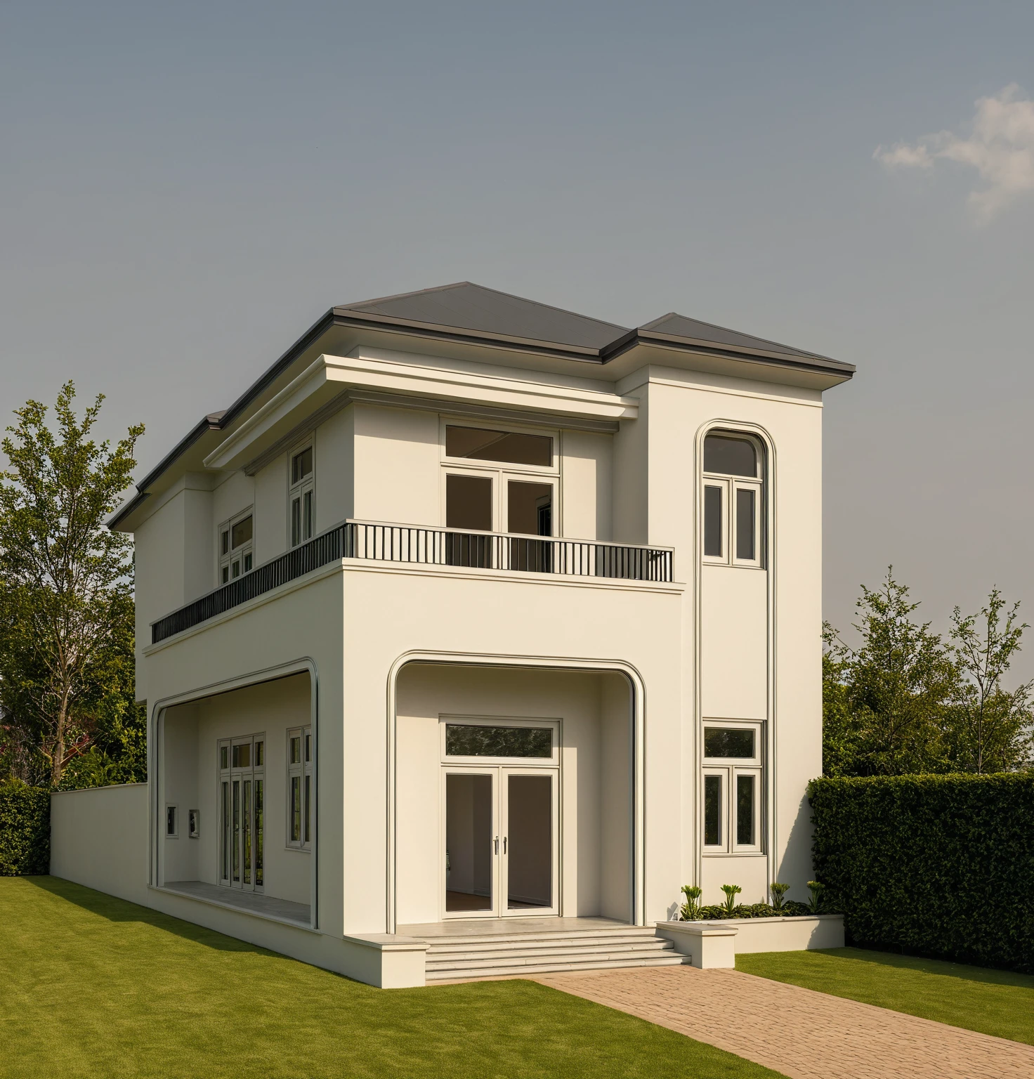 head of&#39;artwork, High quality, best quality, authentique, great detail, En plein air, villa de plain-piedXL, credit group, style de maison moderne dans la rue ,stairs, white wall ,road,pavement, grass, trees, sky, nuvens, (day light:1.1)
