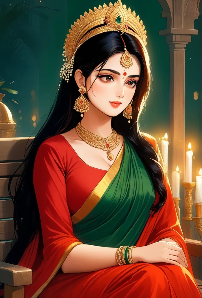 an extremely beautiful amd charming woman ((red green saree with golden jewellery, earrings,nose rings)) sitting on a bench with a small peacock and candles in front of her, beautiful digital illustration, beautiful digital artwork, beautiful character painting, beautiful digital painting, gorgeous digital painting, stunning digital illustration, exquisite digital illustration, stunning digital painting, beautiful digital art, elegant digital painting, a beautiful artwork illustration, traditional beauty, painting of beautiful, gorgeous digital art, hindu aesthetic, (((goddess Radha))