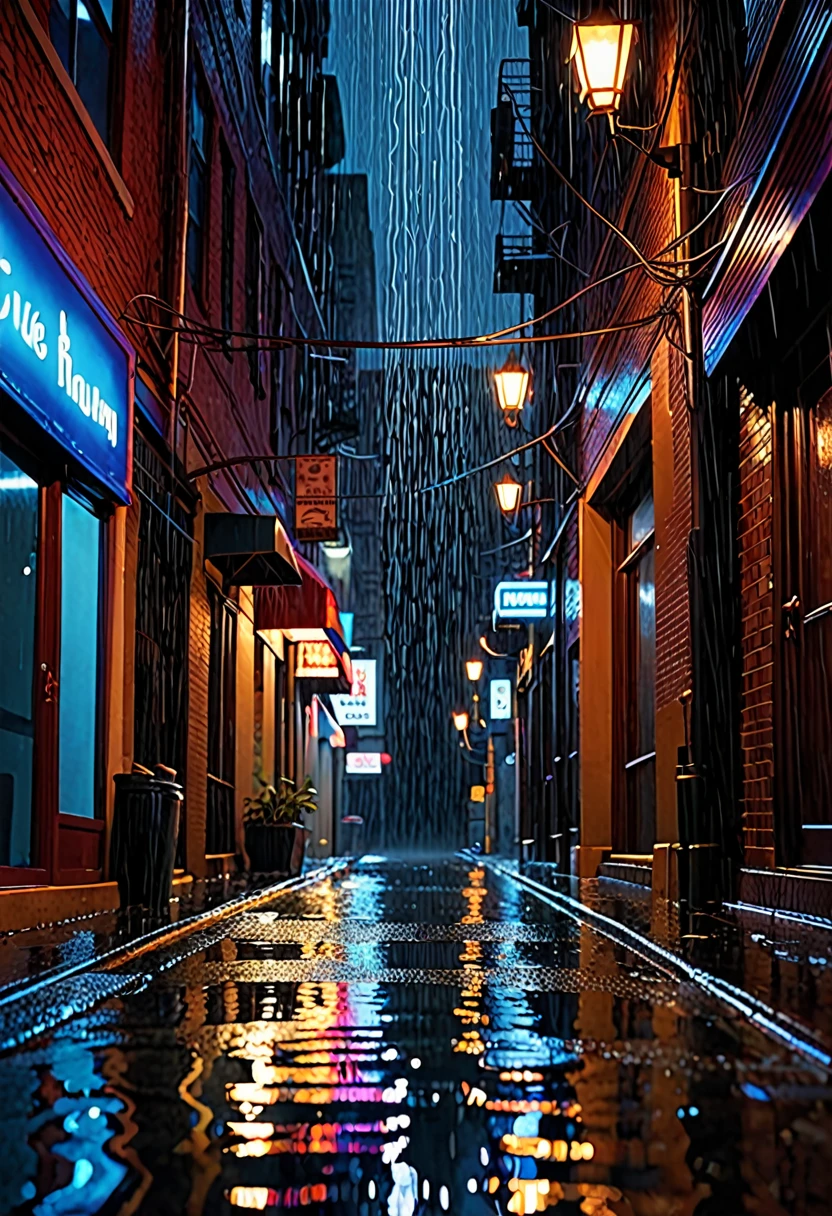 “A hyper-realistic 8K video scene of a nighttime urban setting with heavy rain pouring into a narrow alleyway between high-rise buildings. From a ground-level perspective, vividly capture each raindrop falling and splashing against the ground, where streetlights cast sharp reflections on the rain-soaked pavement. From an aerial view, intricately depict the rain cascading between the buildings, with warm orange light from street lamps and building windows reflecting off the wet alleyway. From a side perspective within the alley, detail the rain streaming down walls and windows, creating small rivulets that flow and pool on the ground. Blue and red neon signs reflect and shimmer on the raindrops and wet surfaces, creating a dynamic and immersive visual experience. Use diverse camera angles and meticulous lighting details to enhance the dramatic realism of the scene.”