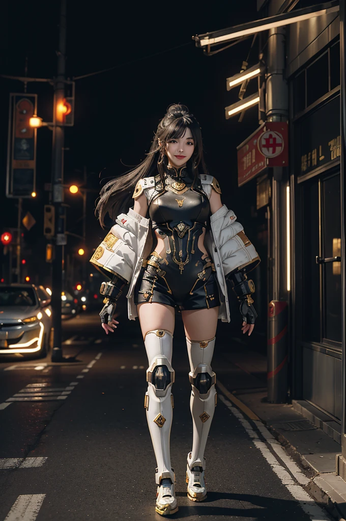 Mecha combined with flesh sexy Asian woman, cyberpunk, full body, standing in town, hairstyle long hair, smile, cute face, intricate artwork masterpiece,
golden ratio, trending on cgsociety, intricate, epic, trending on artstation,
unreal engine, 8k, hdr