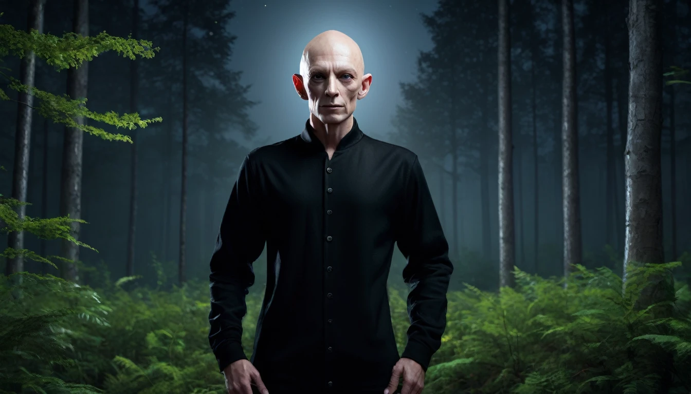 Image of a hairless man with white eyes dressed in black clothing standing in front of a forest at night ,PICTURE REALISTIC, high resolution, 8K 