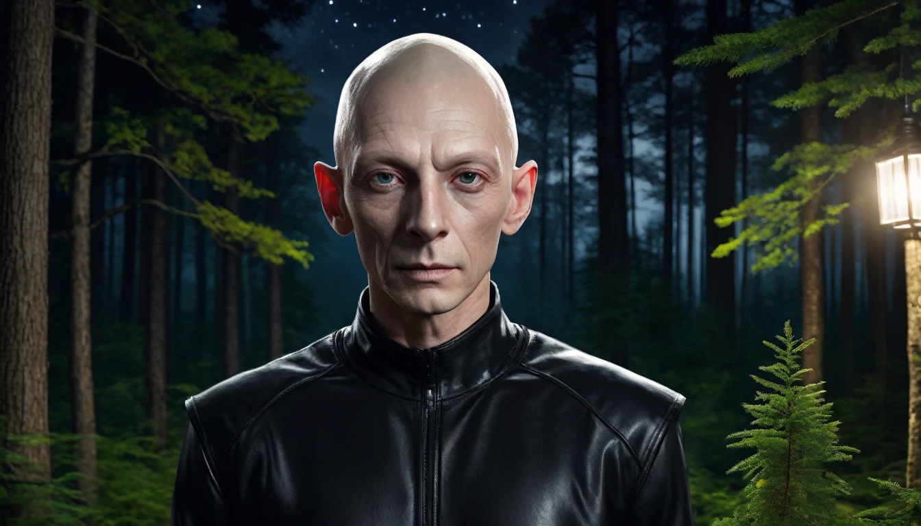 Image of a hairless man with white eyes dressed in black clothing standing in front of a forest at night ,PICTURE REALISTIC, high resolution, 8K