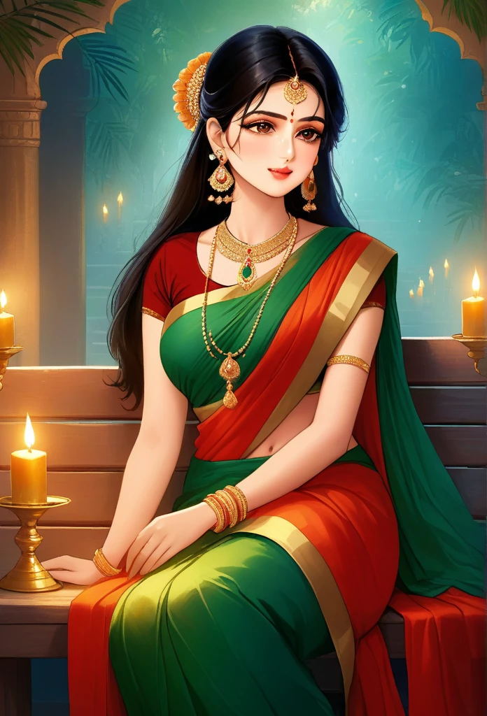 an extremely beautiful amd charming woman ((red green saree with golden jewellery, earrings,nose rings)) sitting on a bench with a small peacock and candles in front of her, beautiful digital illustration, beautiful digital artwork, beautiful character painting, beautiful digital painting, gorgeous digital painting, stunning digital illustration, exquisite digital illustration, stunning digital painting, beautiful digital art, elegant digital painting, a beautiful artwork illustration, traditional beauty, painting of beautiful, gorgeous digital art, hindu aesthetic, (((goddess Radha))