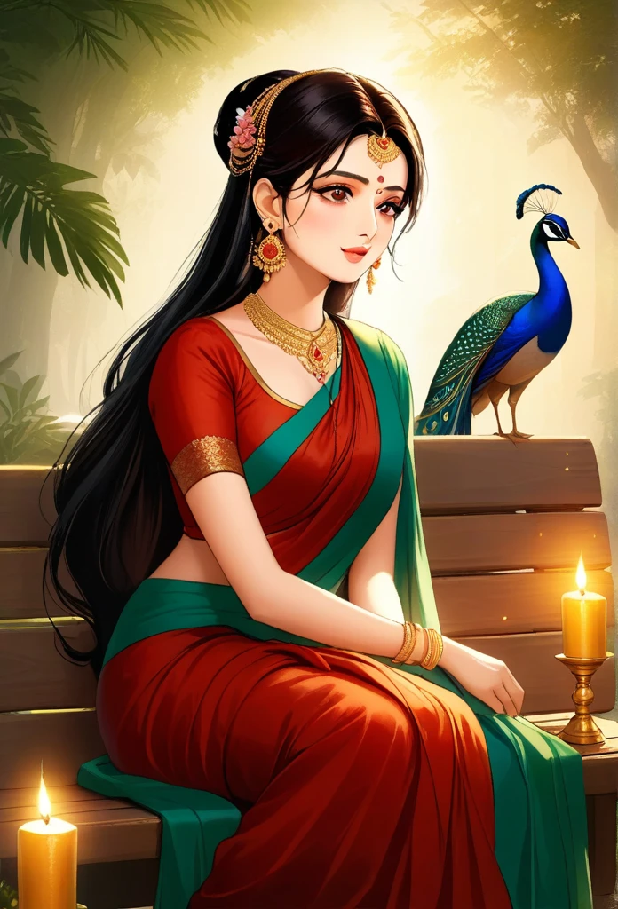 an extremely beautiful amd charming woman ((red green saree with golden jewellery, earrings,nose rings)) sitting on a bench with a small peacock and candles in front of her, beautiful digital illustration, beautiful digital artwork, beautiful character painting, beautiful digital painting, gorgeous digital painting, stunning digital illustration, exquisite digital illustration, stunning digital painting, beautiful digital art, elegant digital painting, a beautiful artwork illustration, traditional beauty, painting of beautiful, gorgeous digital art, hindu aesthetic, (((goddess Radha))