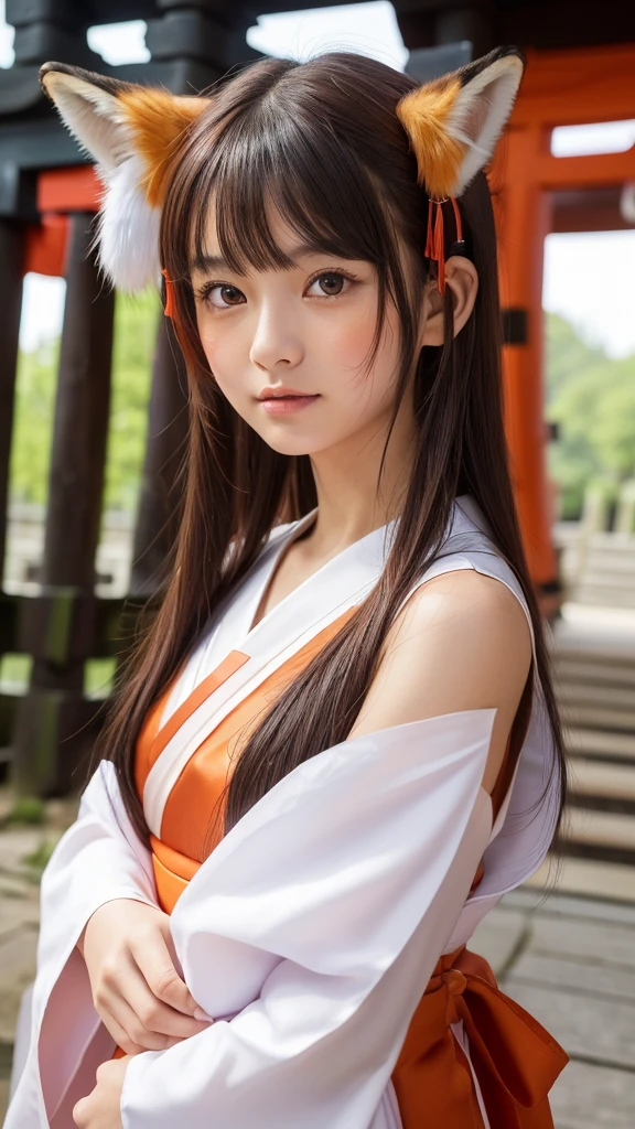 one girl, (a beauty girl, delicate girl:1.3), (16 years old:1.3),
break, (shrine maiden costume:1.3), (fox ears:1.3), ((fox tail:1.3)), zoom in face,
break, very fine eye definition, (symmetrical eyes:1.3),
break, (inari shrine:1.3), (torii:1.3),
break, small breasts, brown eyes, parted bangs, brown hair,  girl,
break, (eyes and faces with detailed:1.0),
break, (masterpiece, best quality, ultra detailed, detailed face, 8k)