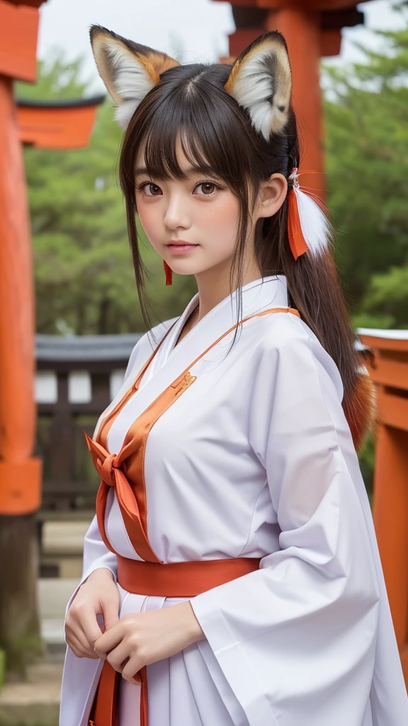 one girl, (a beauty girl, delicate girl:1.3), (16 years old:1.3),
break, (shrine maiden costume:1.3), (fox ears:1.3), ((fox tail:1.3)), zoom in face,
break, very fine eye definition, (symmetrical eyes:1.3),
break, (inari shrine:1.3), (torii:1.3),
break, small breasts, brown eyes, parted bangs, brown hair,  girl,
break, (eyes and faces with detailed:1.0),
break, (masterpiece, best quality, ultra detailed, detailed face, 8k)
