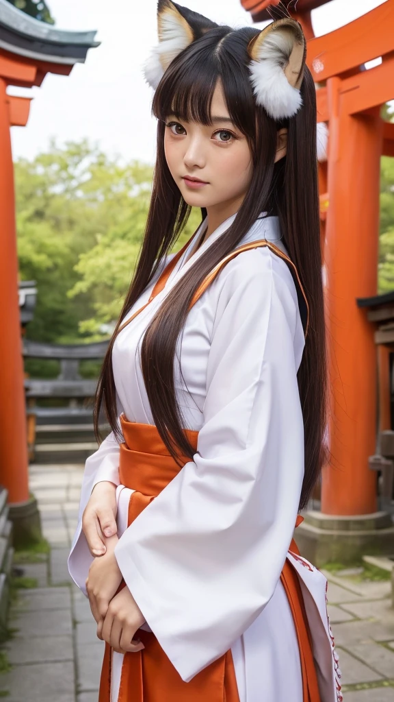 one girl, (a beauty girl, delicate girl:1.3), (:1.3),
break, (shrine maiden costume:1.3), (fox ears:1.3), ((fox tail:1.3)), zoom in face,
break, very fine eye definition, (symmetrical eyes:1.3),
break, (inari shrine:1.3), (torii:1.3),
break, small breasts, brown eyes, parted bangs, brown hair, girl,
break, (eyes and faces with detailed:1.0),
break, (masterpiece, best quality, ultra detailed, detailed face, 8k)