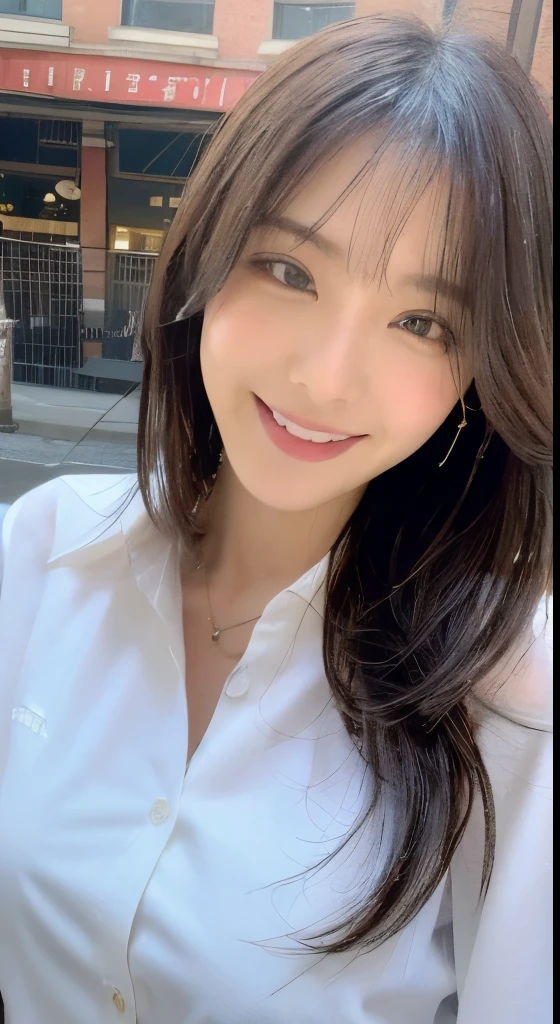 ((Best Quality, 8K, Masterpiece: 1.3)), Sharp Focus: 1.2, A Beautiful Woman with Perfect Figure: 1.4, Slim Abs: 1.2, (Layered Hairstyle,: 1.2)), (Wet White Button Long Shirt: 1.3), Rain: 1.3, Street: 1.2, Wet Body: 1.1, Highly Detailed Face and Skin Texture, Detailed Eyes, Double Eyelids, Big Breasts, Smile,