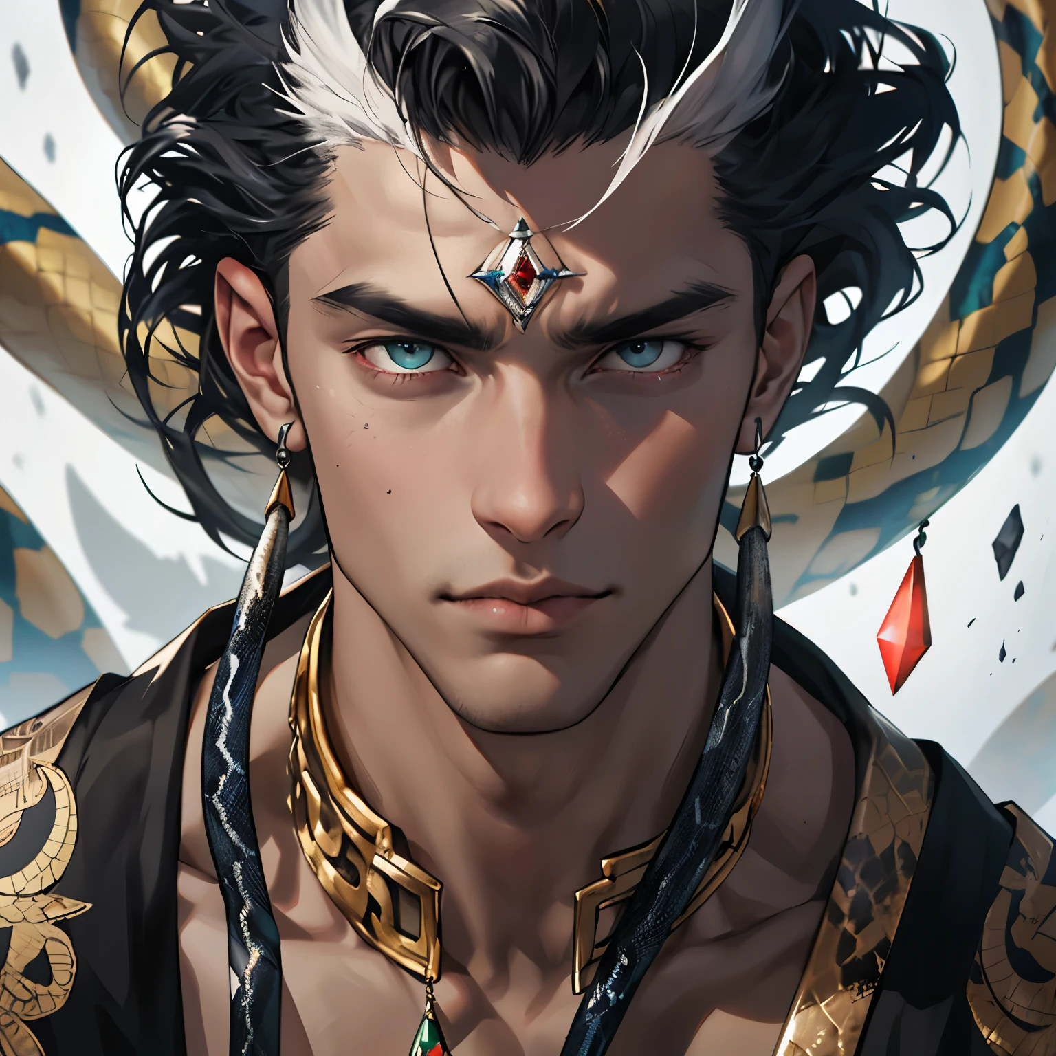 (absurdres, highres, ultra detailed), 1 male, handsome, tall muscular guy, mature, Feathered Snake God, Snake, BVLGARI, Spirit Snake, detailed face, intense gaze, sharp facial features, flawless skin, impeccable physique, wearing luxurious BVLGARI jewelry, intricate snake-like patterns, powerful presence, mystical atmosphere, stunning cinematic lighting, vibrant colors, dramatic contrast, realistic rendering, epic fantasy, digital art