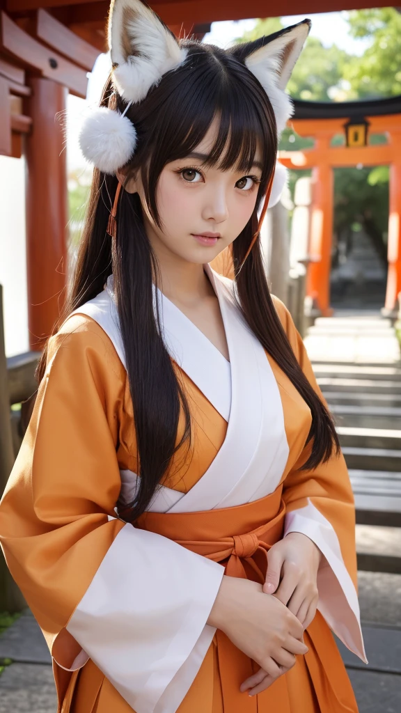 one girl, (a beauty girl, delicate girl:1.3), (16 years old:1.3),
break, (shrine maiden costume:1.3), (fox ears:1.3), ((fox tail:1.3)), zoom in face,
break, very fine eye definition, (symmetrical eyes:1.3),
break, (inari shrine:1.3), (torii:1.3),
break, small breasts, brown eyes, parted bangs, brown hair, girl,
break, (eyes and faces with detailed:1.0),
break, (masterpiece, best quality, ultra detailed, detailed face, 8k)