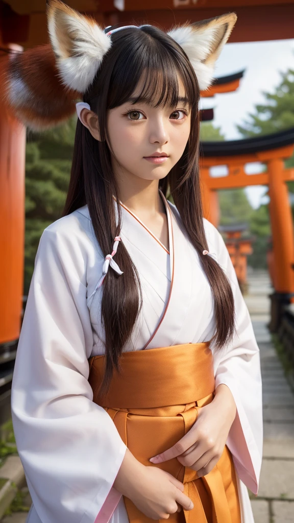 one girl, (a beauty girl, delicate girl:1.3), (:1.3),
break, (shrine maiden costume:1.3), (fox ears:1.3), ((fox tail:1.3)), zoom in face,
break, very fine eye definition, (symmetrical eyes:1.3),
break, (inari shrine:1.3), (torii:1.3),
break, small breasts, brown eyes, parted bangs, brown hair, girl,
break, (eyes and faces with detailed:1.0),
break, (masterpiece, best quality, ultra detailed, detailed face, 8k)