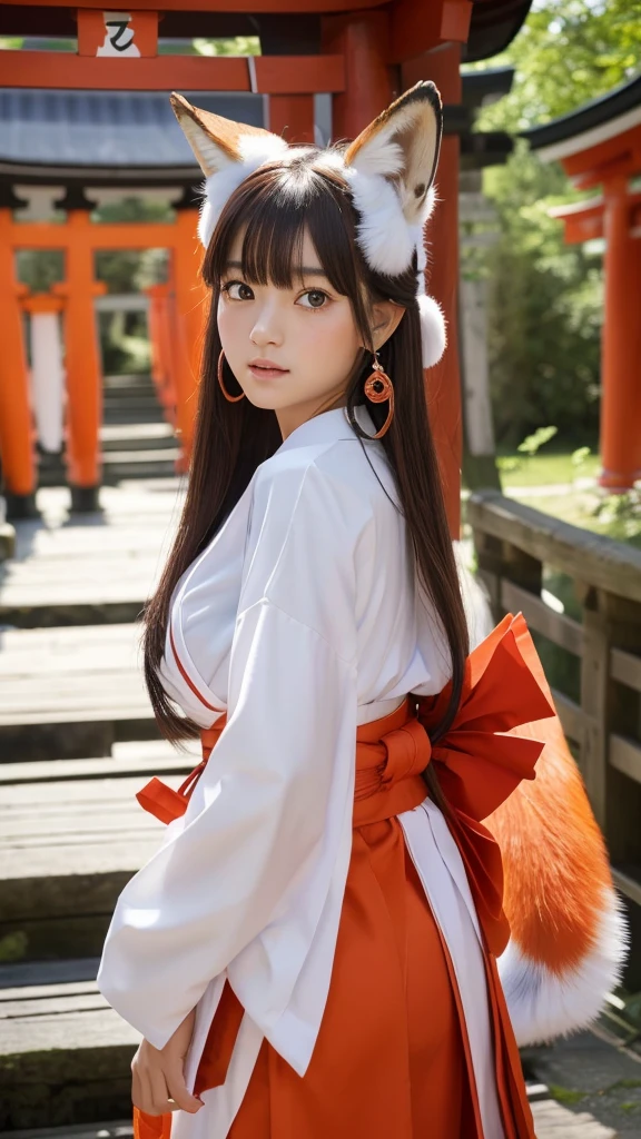 one girl, (a beauty girl, delicate girl:1.3), (:1.3),
break, (shrine maiden costume:1.3), (fox ears:1.3), ((fox tail:1.3)), zoom in face,
break, very fine eye definition, (symmetrical eyes:1.3),
break, (inari shrine:1.3), (torii:1.3),
break, small breasts, bro, parted bangs, brown hair,  girl,
break, (eyes and faces with detailed:1.0),
break, (masterpiece, best quality, ultra detailed, detailed face, 8k)