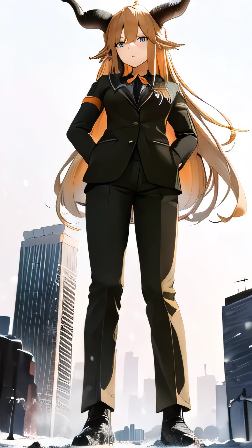 degenbrecher_arknights,giantess,look down,fullbody,Looking Down,Standing with your legs apart,microcity,Urban Background,Snow-covered city,No exposed legs,Long trousers,uniform