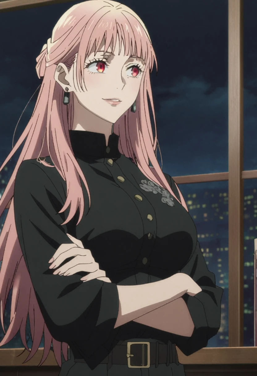 1girl, female gojo satoru, anime screencap from jujutsu kaisen, gojo satoru female version, solo, long_hair, Red eyes ((Sliver_hair)), night view, (hanging breasts) upper_body, smile, indoors, book, green_eyes, lips, (parted bangs) ((wearing black colour outfit with button)) breast, "very detailed and high resolution" (Red eyes) (cross arms) ((long hair)) ((solo)) (front view) (earings) ((high resolution)) ((good quality)) ((side bangs))
