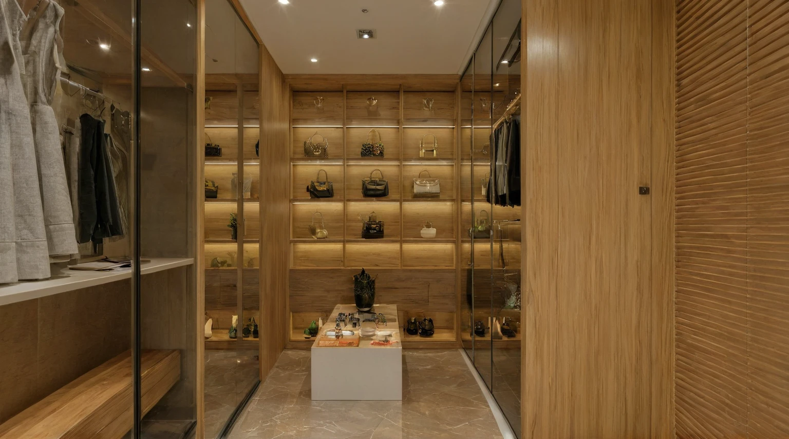 Raw photo, Masterpiece, high quality, best quality, authentic, super detail, interior, indoors, style modern, minimalist line, wooden, oak wood, led light, beige paint wall, sofa, atrium, LIVING ROOM, PEN HOUSE, kitchen, island kitchen, alu window, japan style, wasabi style, Jen style, steel stair, glass railing, closet