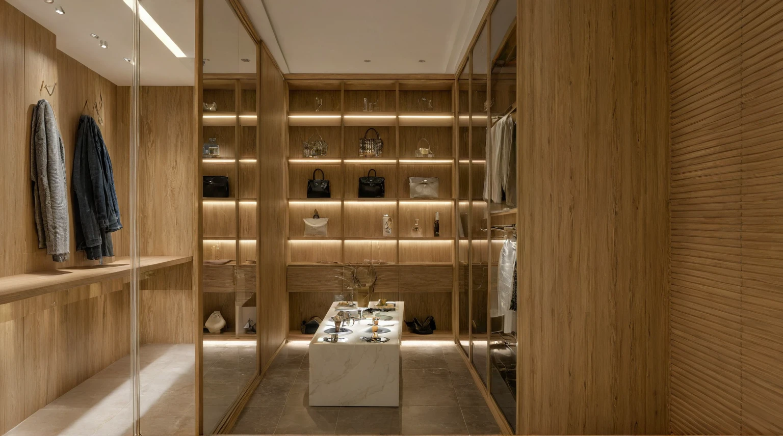 Raw photo, Masterpiece, high quality, best quality, authentic, super detail, interior, indoors, style modern, minimalist line, wooden, oak wood, led light, beige paint wall, sofa, atrium, LIVING ROOM, PEN HOUSE, kitchen, island kitchen, alu window, japan style, wasabi style, Jen style, steel stair, glass railing, closet