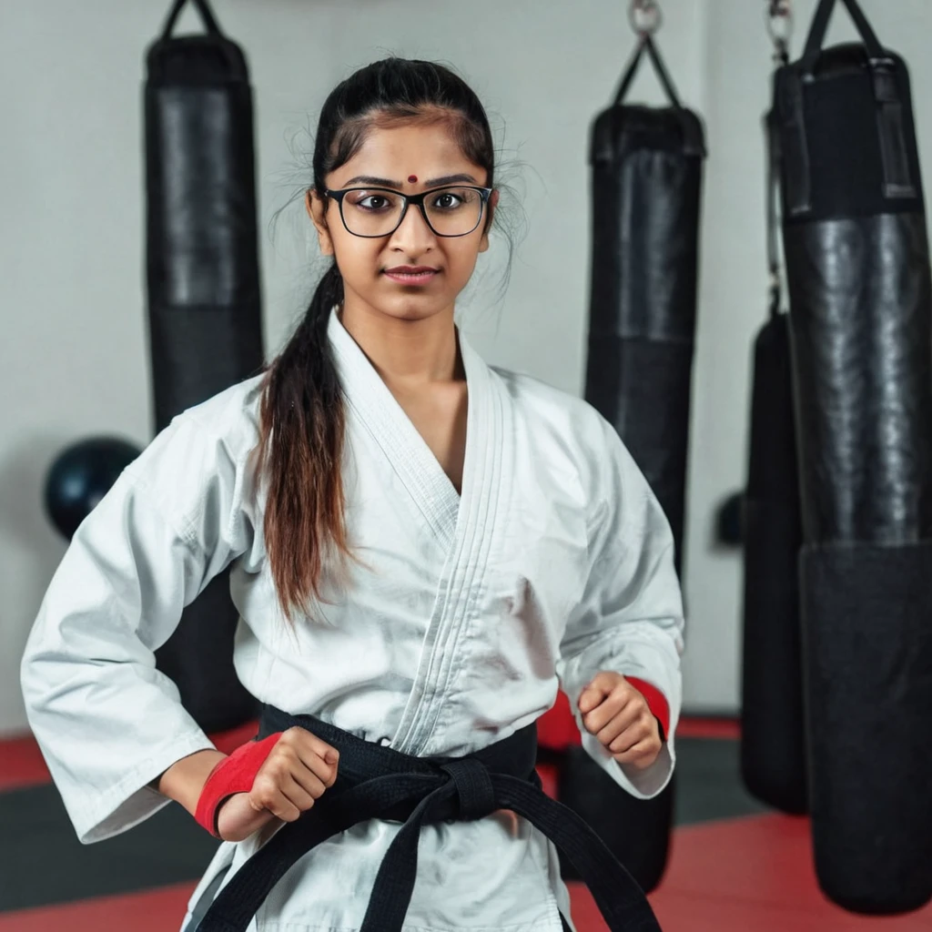 Braided hair Indian nerd woman in karate clothes standing in gym