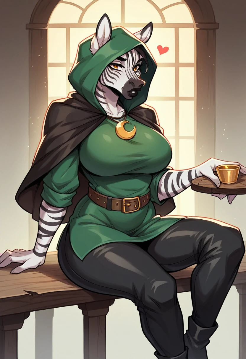 A 19-year-old female beastfolk with a mesomorph build, covered in sleek, black-and-white striped fur like a zebra, sits at a wooden table in a medieval tavern. Her striking amber eyes and heart-shaped face with high cheekbones give her an exotic look. Her mane-like hair, a cascade of black and white streaks, falls to her shoulders, complemented by full, dark lips, narrow high-arched eyebrows, and a small, straight nose. She wears a deep emerald-green tunic with gold embroidery, cinched with a leather belt adorned with runes, and a dark brown cloak with a fur-lined hood. Black leather pants and knee-high boots with silver buckles complete her outfit, while a silver crescent moon pendant around her neck adds a touch of mystique. She leans forward slightly, her fingers tracing the runes on her belt thoughtfully.