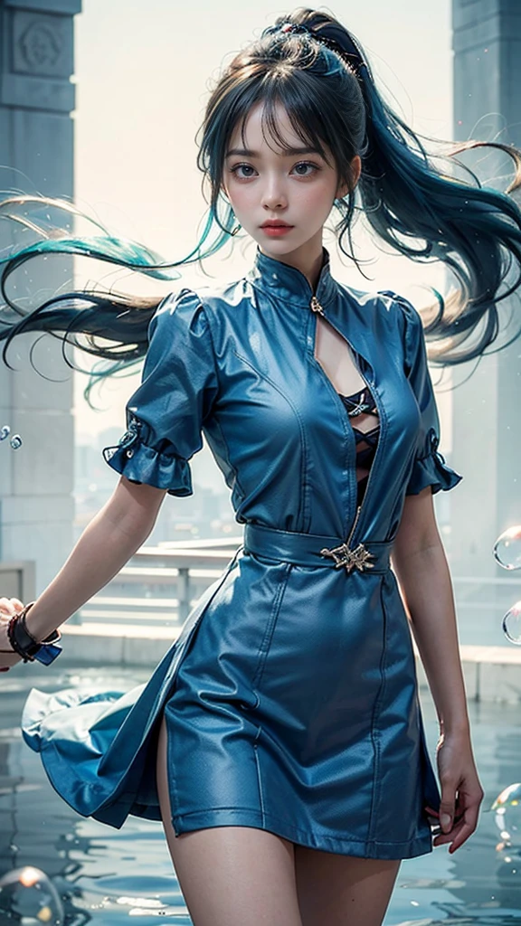 (masterpiece), (Highest quality), (Super detailed),(Disheveled Hair),(figure), (One girl), (Fashionable clothes), Are standing, Fashion Model, View your viewers, (interview), (Simple Background),Beautiful attention to detail, Delicate and beautiful face, floating,(High saturation),(Colorful splashes),Colorful Bubbles,(The Shining), Focus on the face, ponytail, kamisato ayaka, Light blue hair, bangs, Hair Ring, Floating Flowers, Floating hair, (The Shining), Best lighting, Best Shadow,