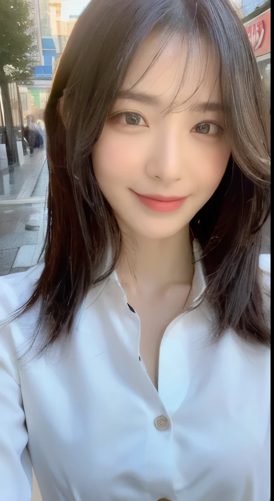 ((Best Quality, 8K, Masterpiece: 1.3)), Sharp Focus: 1.2, A Beautiful Woman with Perfect Figure: 1.4, Slim Abs: 1.2, (Layered Hairstyle,: 1.2)), (Wet White Button Long Shirt: 1.3), Rain: 1.3, Street: 1.2, Wet Body: 1.1, Highly Detailed Face and Skin Texture, Detailed Eyes, Double Eyelids, Big Breasts, Smile,