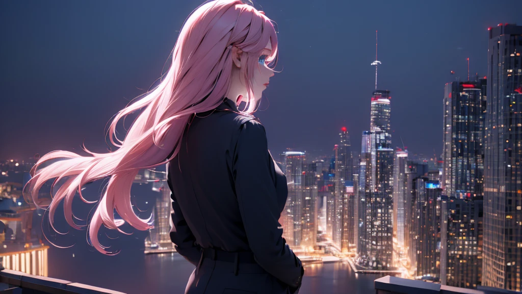 1 girl, medium light pink hair, light blue eyes, wearing black suit 4D, night city, absurdres, high res, ultrasharp, 8K, masterpiece, looking from behind 8K