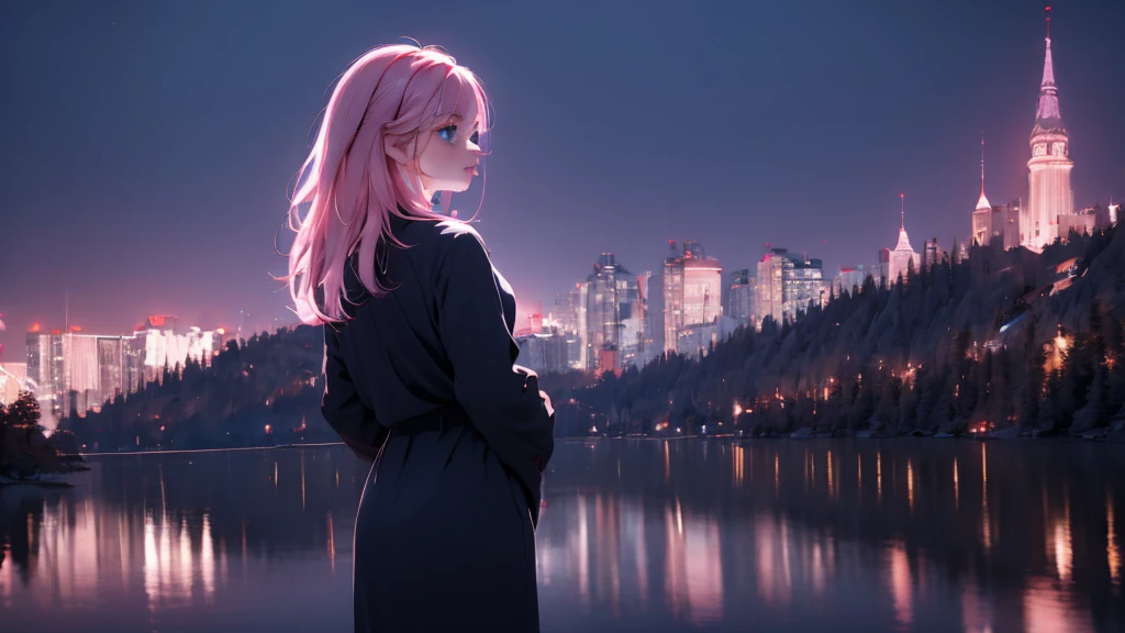 1 girl, medium light pink hair, light blue eyes, wearing black suit 4D, night city, absurdres, high res, ultrasharp, 8K, masterpiece, looking from behind 8K
