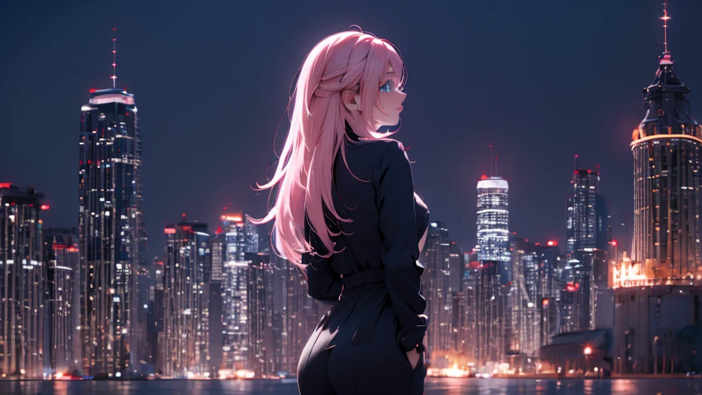 1 girl, medium light pink hair, light blue eyes, wearing black suit 4D, night city, absurdres, high res, ultrasharp, 8K, masterpiece, looking from behind 8K