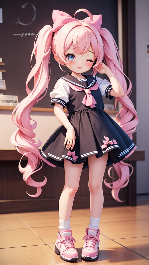 ((gal, 2girls)), (petite kawaii, bishojo), (shy, cute face), (one eye closed), ((masterpiece)), (best quality), (ultra detailed), ((highres)), (exquisite), (depth), (high standard), (beautiful and aesthetic), (super detailed skin), (perfect anatomy), (full body), (blush), (short sleeve, serafuku), (ankle socks), (big bow in hair), (lipstick), (class room), (short low twintails), (perfect hand)