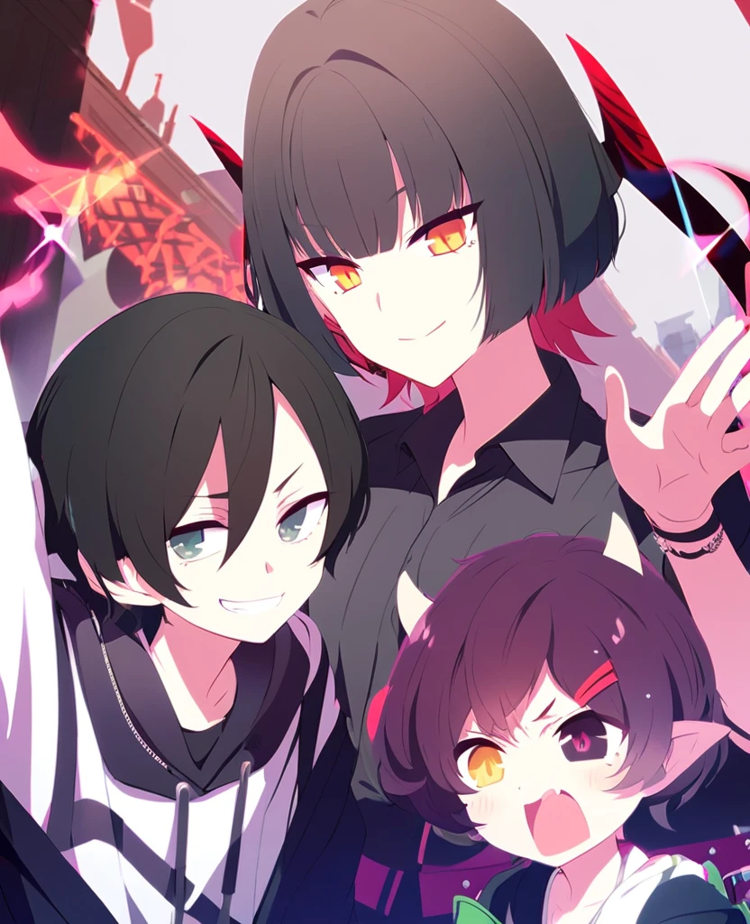 Short Hair、Black Hair、boyish、horn、Devil's Tail、Cool、Hair covering one eye、naked、Open pussy、Small breasts、Leg spread、Cheeky look、Sticking out tongue、bed、15 years old