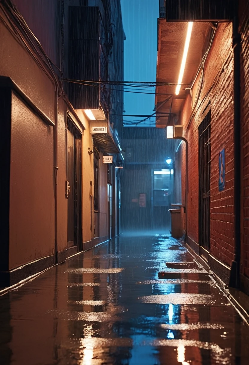 “A hyper-realistic 8K video scene of a nighttime urban setting with heavy rain pouring into a narrow alleyway between high-rise buildings. From a ground-level perspective, vividly capture each raindrop falling and splashing against the ground, where streetlights cast sharp reflections on the rain-soaked pavement. From an aerial view, intricately depict the rain cascading between the buildings, with warm orange light from street lamps and building windows reflecting off the wet alleyway. From a side perspective within the alley, detail the rain streaming down walls and windows, creating small rivulets that flow and pool on the ground. Blue and red neon signs reflect and shimmer on the raindrops and wet surfaces, creating a dynamic and immersive visual experience. Use diverse camera angles and meticulous lighting details to enhance the dramatic realism of the scene.”