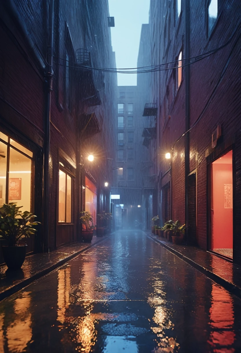 “A hyper-realistic 8K video scene of a nighttime urban setting with heavy rain pouring into a narrow alleyway between high-rise buildings. From a ground-level perspective, vividly capture each raindrop falling and splashing against the ground, where streetlights cast sharp reflections on the rain-soaked pavement. From an aerial view, intricately depict the rain cascading between the buildings, with warm orange light from street lamps and building windows reflecting off the wet alleyway. From a side perspective within the alley, detail the rain streaming down walls and windows, creating small rivulets that flow and pool on the ground. Blue and red neon signs reflect and shimmer on the raindrops and wet surfaces, creating a dynamic and immersive visual experience. Use diverse camera angles and meticulous lighting details to enhance the dramatic realism of the scene.”