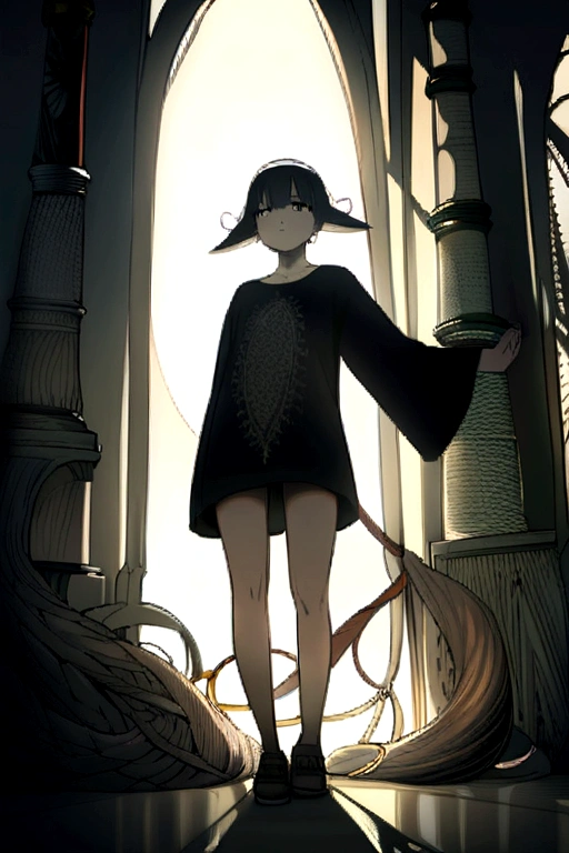 She is depicted as a curvaceous young girl, typically a tiefling or hexblood, with tangled black hair. Long-sleeved T-shirt, long shirt down to near the knees, short pants.