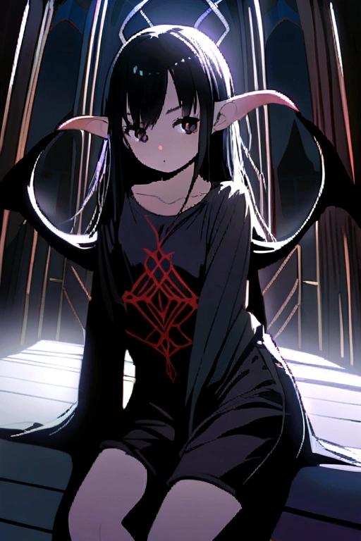 She is depicted as a curvaceous young girl, typically a tiefling or hexblood, with tangled black hair. Long-sleeved T-shirt, long shirt down to near the knees, short pants.