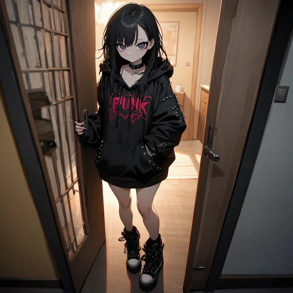 best quality, super fine, detailed eyes, 16k, incredibly absurdres, extremely detailed, emo highschool girl opening the door of her private room for you, looking at camera, tilt head, emotionless expression, punk fashion, long black hair, dark eyes, black collar, weird long-sleeves oversized hoodie, full body, dim lights, (magnificent view:1.1) 