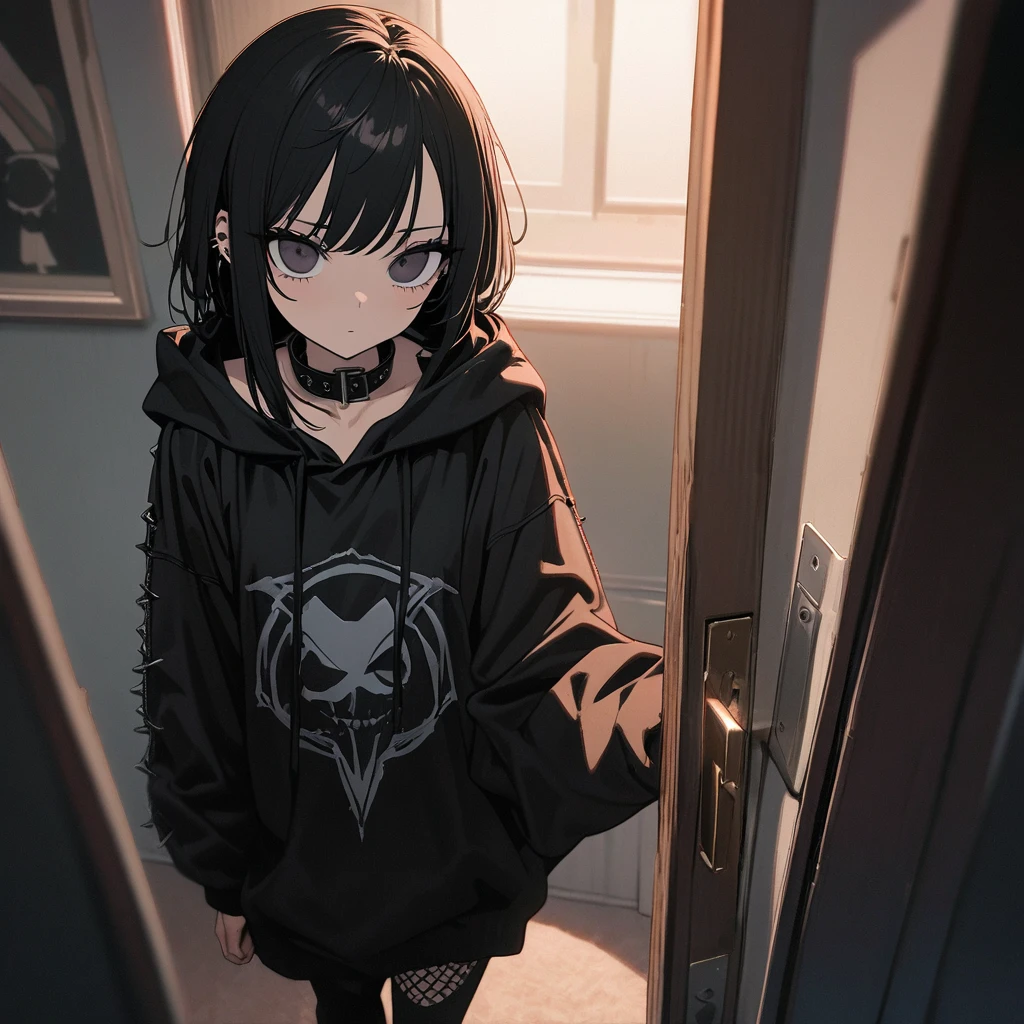 best quality, super fine, detailed eyes, 16k, incredibly absurdres, extremely detailed, emo highschool girl opening the door of her private room for you, looking at camera, tilt head, emotionless expression, punk fashion, long black hair, dark eyes, black collar, weird long-sleeves oversized hoodie, full body, dim lights, (magnificent view:1.1) 