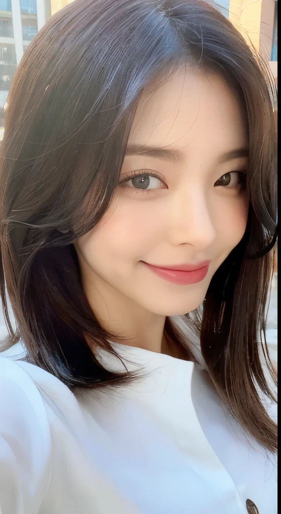 ((Best Quality, 8K, Masterpiece: 1.3)), Sharp Focus: 1.2, A Beautiful Woman with Perfect Figure: 1.4, Slim Abs: 1.2, (Layered Hairstyle,: 1.2)), (Wet White Button Long Shirt: 1.3), Rain: 1.3, Street: 1.2, Wet Body: 1.1, Highly Detailed Face and Skin Texture, Detailed Eyes, Double Eyelids, Big Breasts, Smile,