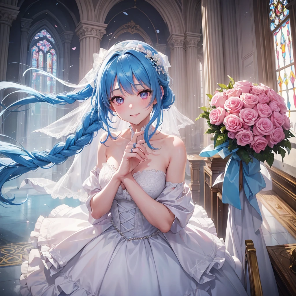 Sky blue hair, (Braided Ponytail),(Pink Eyes),Fair skin ,(whole body),(One girl),bride,A big smile,Straight bangs, 6月のbride,Wedding dress,(masterpiece, Highest quality, Very detailed, Best Shadow), (Detailed Background), (Beautifully detailed face), High Contrast, (Best lighting, Very delicate and beautiful), ((Cinematic Light)), colorful, Hyper Detail, Dramatic Light, Intricate details,Chapel background,Bouquet of roses,Ring on left ring finger,