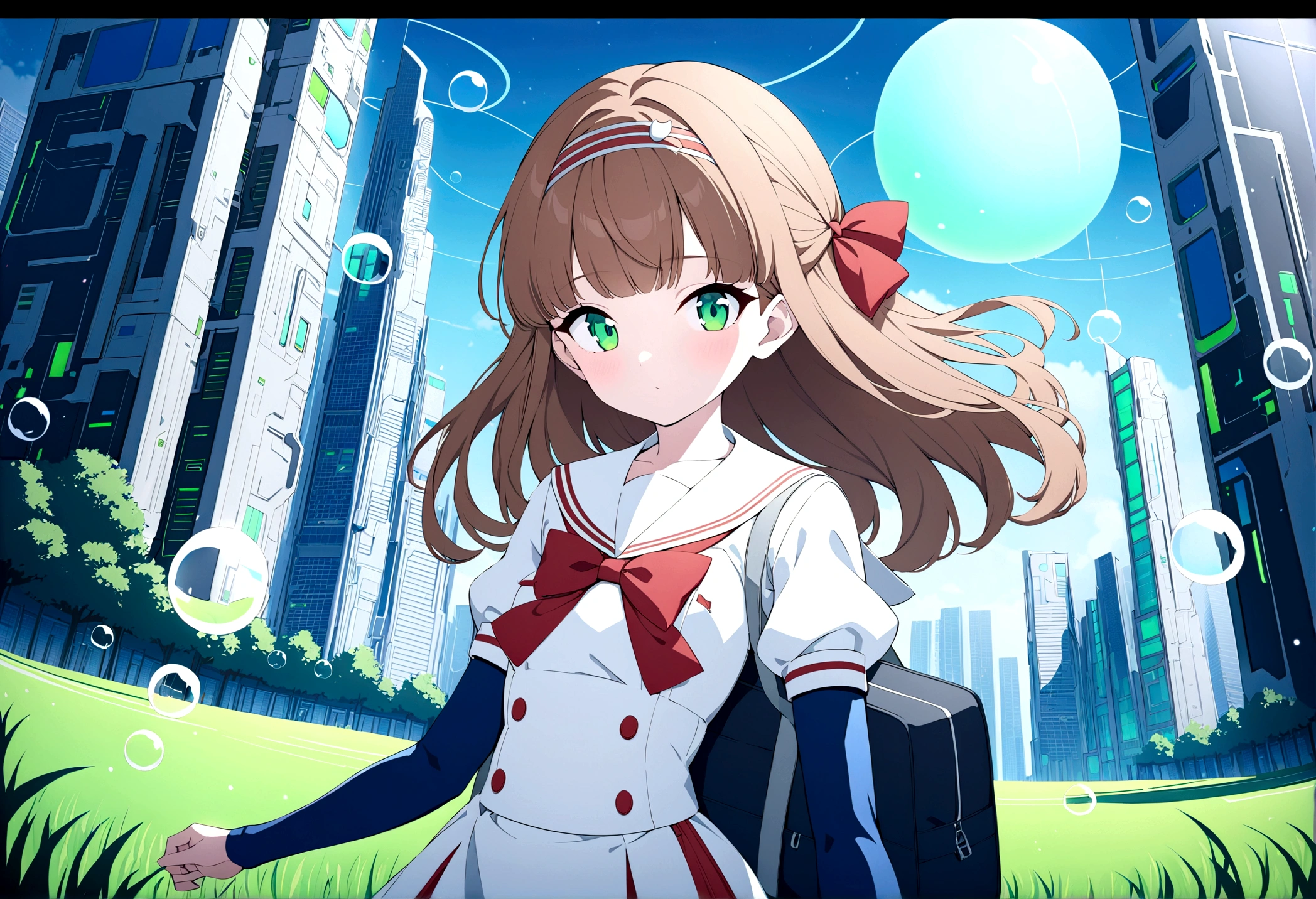 (best quality,4k,highres),ultra-detailed,portraits, Japaneese school girl, green eyes, long brown hair,anime style,futuristic, Frutiger Aero aesthetic, eco- modernism, bokeh, ribbon headband,small breast,futuristic sailor ****ta dress,puffy sleeves,white and blue,colorful lighting, red ribbon, navy blue pantyhose, school shoes, school bag, school crest, floating bubbles, standing in a green field with futuristic skyscrapers in the background, tertiary colors, highly detailed, 4K.