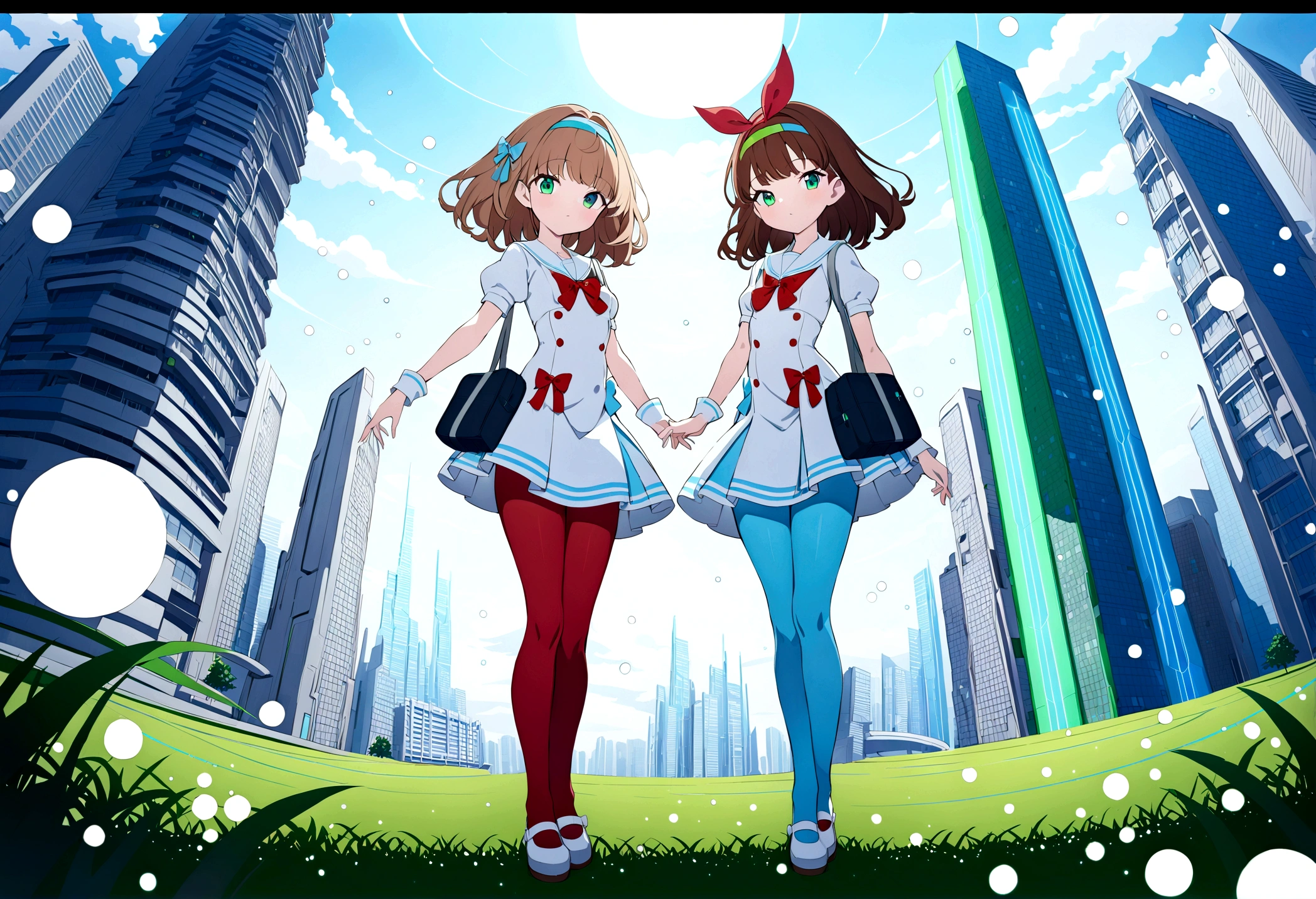 (best quality,4k,highres),ultra-detailed,portraits, Japaneese school girl, green eyes, long brown hair,anime style,futuristic, Frutiger Aero aesthetic, eco- modernism, bokeh, ribbon headband,small breast,futuristic sailor ****ta dress,puffy sleeves,white and blue,colorful lighting, red ribbon, navy blue pantyhose, school shoes, school bag, school crest, floating bubbles, standing in a green field with futuristic skyscrapers in the background, tertiary colors, highly detailed, 4K.